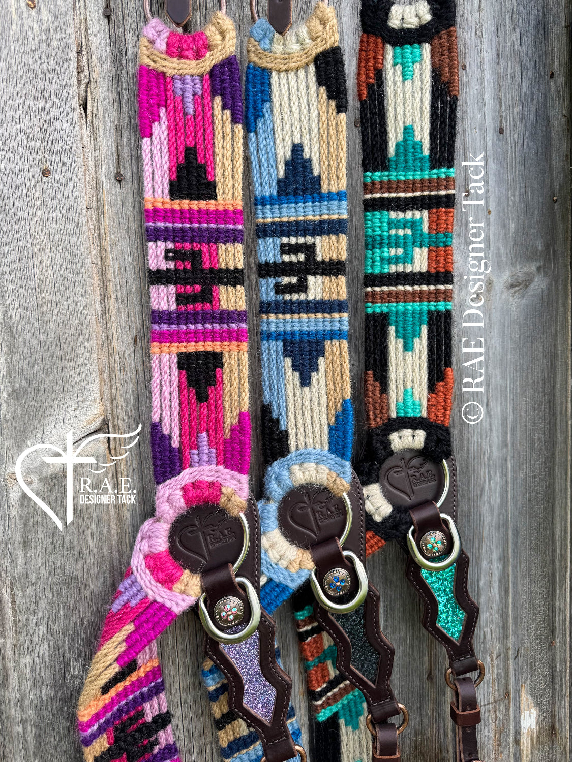 Cactus mohair breast collars in pink, blue, and turquoise